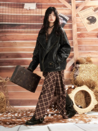 ALL iN plan Dark Punk Vintage Distressed Multi Pocket Leather Moto Jacket Jacket