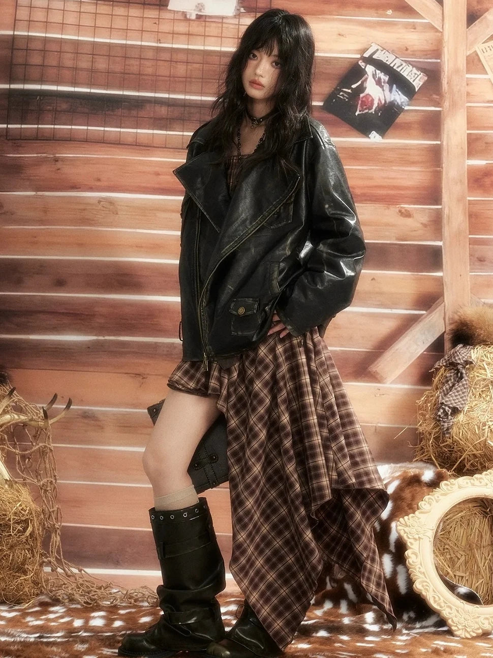 ALL iN plan Dark Punk Vintage Distressed Multi Pocket Leather Moto Jacket Jacket