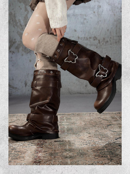 ALL iN plan Distressed Butterfly Buckle Platform Women&