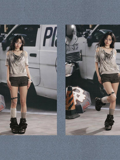 ALL iN plan Distressed Button Fly Punk Low Waist Cotton Women&