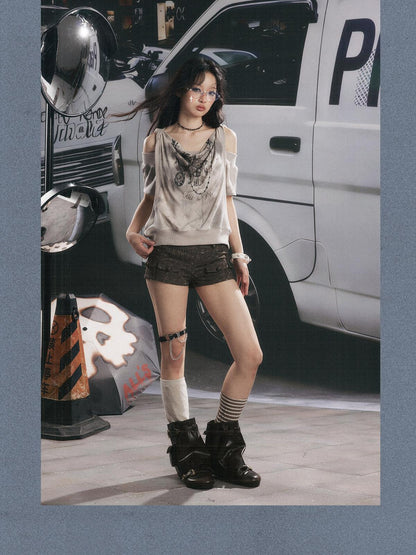 ALL iN plan Distressed Button Fly Punk Low Waist Cotton Women&