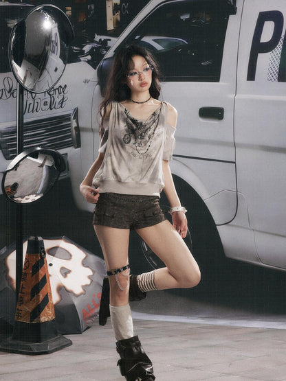 ALL iN plan Distressed Button Fly Punk Low Waist Cotton Women&