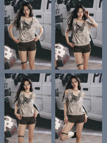 ALL iN plan Distressed Button Fly Punk Low Waist Cotton Women&