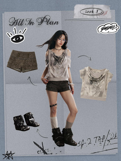 ALL iN plan Distressed Button Fly Punk Low Waist Cotton Women&
