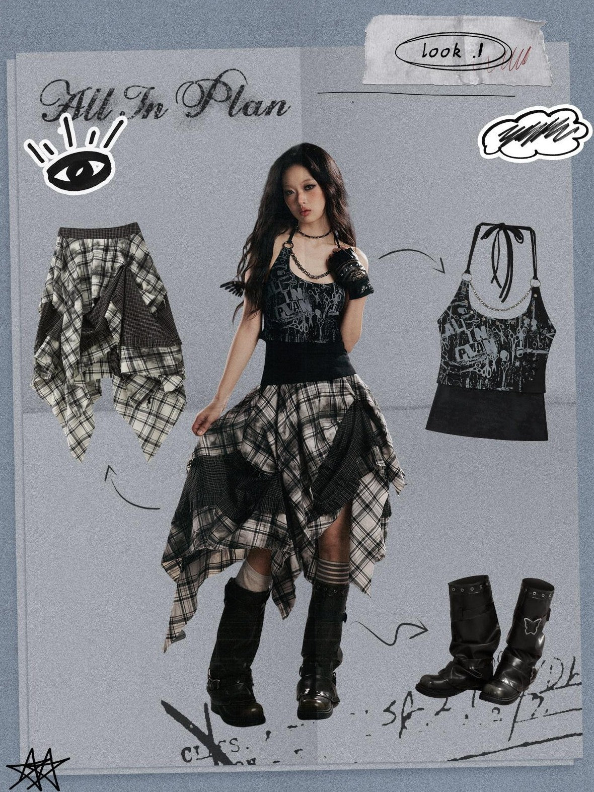 ALL iN plan Distressed Chain Trim Letter Print U Neck Slim Women&