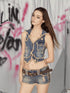 Distressed Edge Fitted Top With Denim Hooded Vest