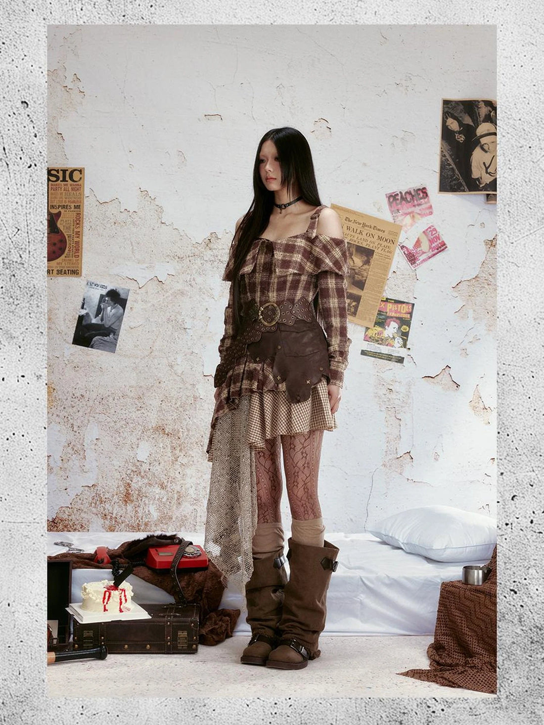 Distressed Leather Panel Lace Up Bustier Denim Dress