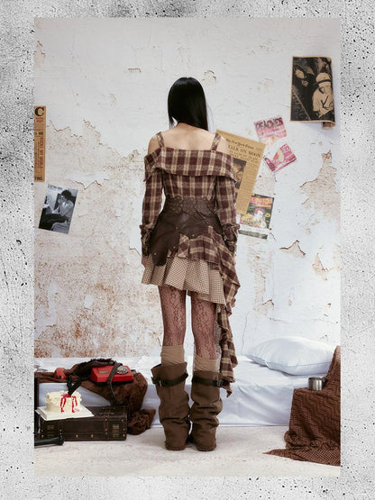 Distressed Leather Panel Lace Up Bustier Denim Dress