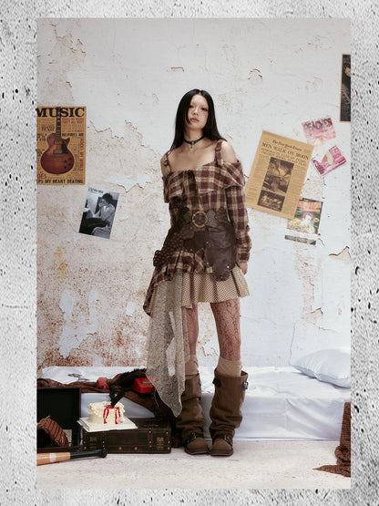 Distressed Leather Panel Lace Up Bustier Denim Dress