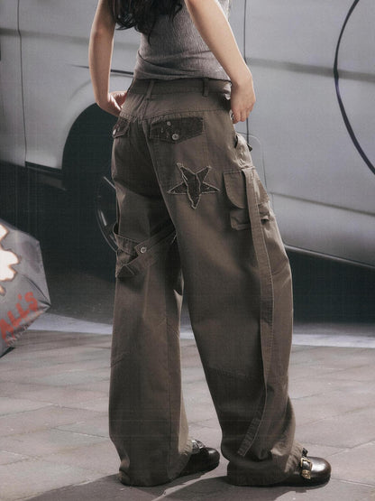 ALL iN plan Distressed Star Cargo High Waist Pocket Women&
