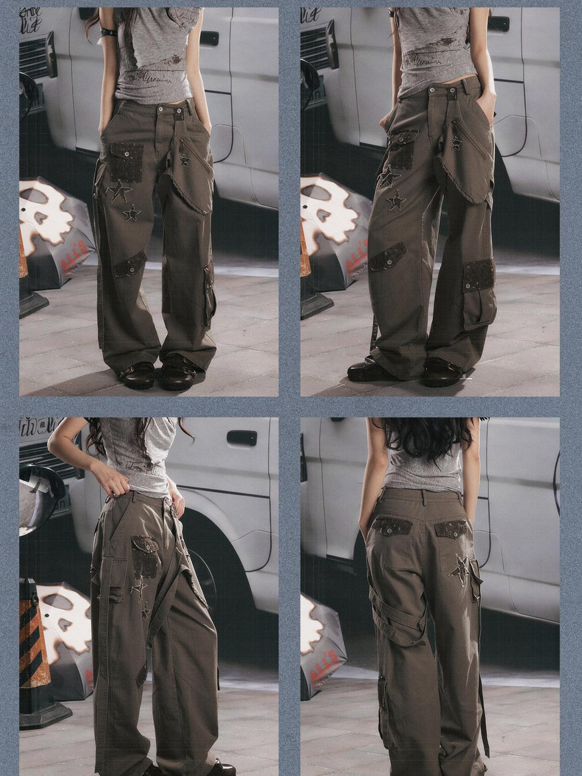 ALL iN plan Distressed Star Cargo High Waist Pocket Women&