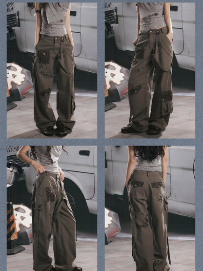 ALL iN plan Distressed Star Cargo High Waist Pocket Women&