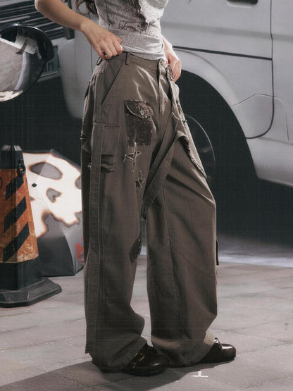 ALL iN plan Distressed Star Cargo High Waist Pocket Women&