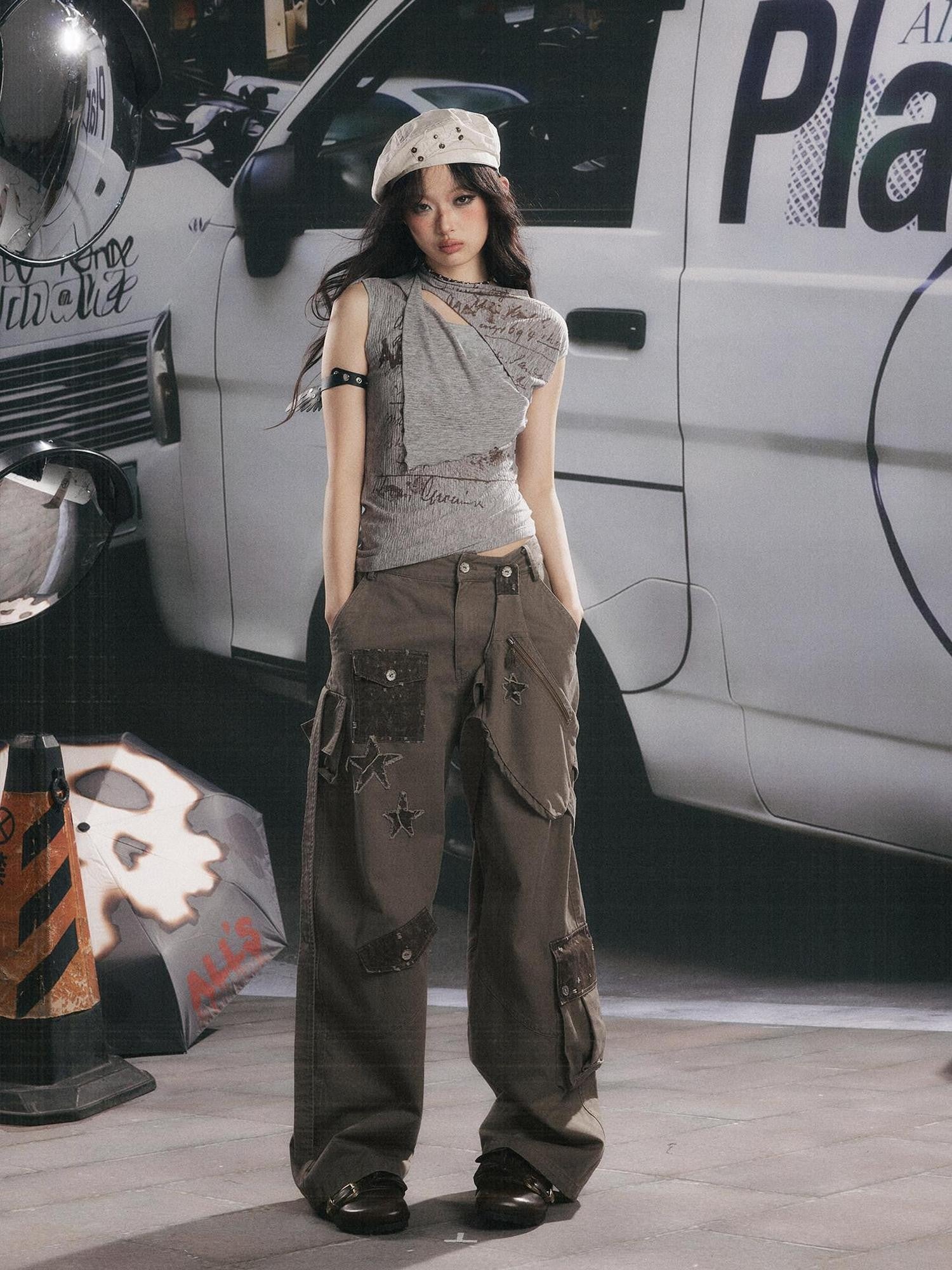 ALL iN plan Distressed Star Cargo High Waist Pocket Women&