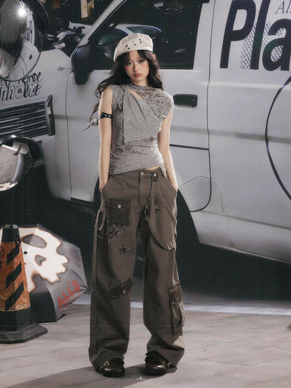 ALL iN plan Distressed Star Cargo High Waist Pocket Women&