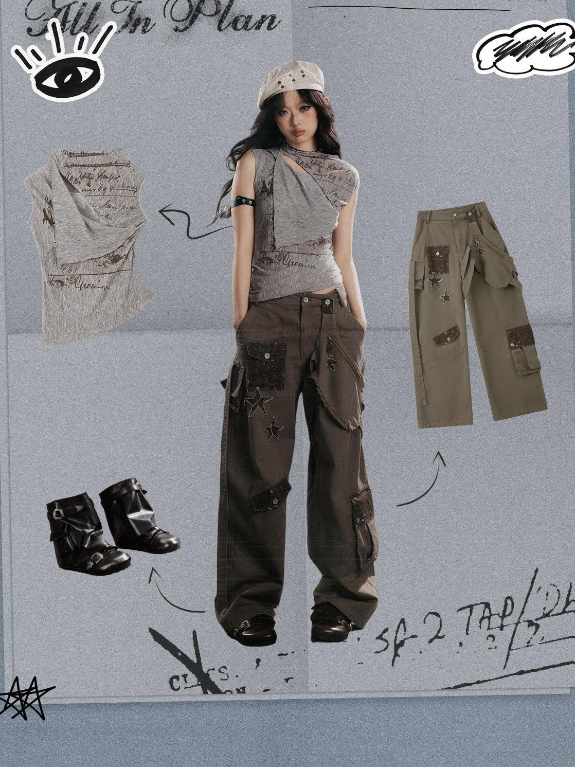 ALL iN plan Distressed Star Cargo High Waist Pocket Women&