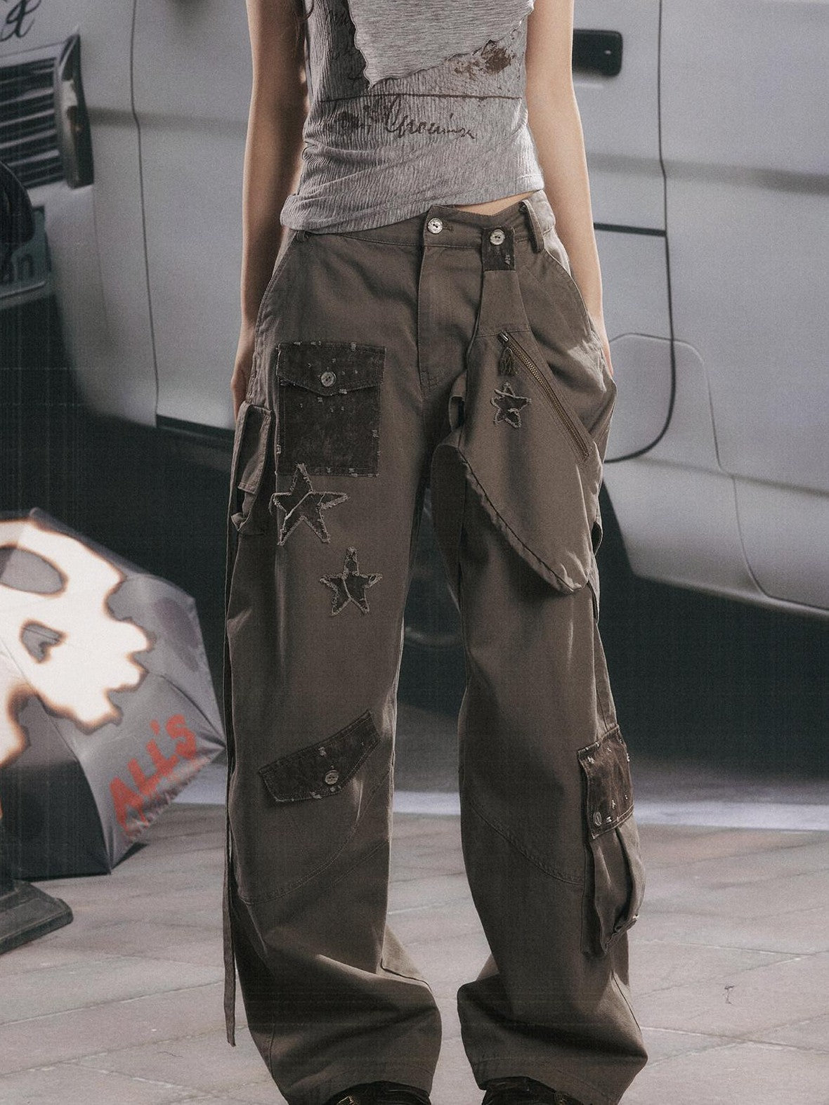 ALL iN plan Distressed Star Cargo High Waist Pocket Women&