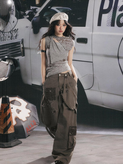 ALL iN plan Distressed Star Cargo High Waist Pocket Women&