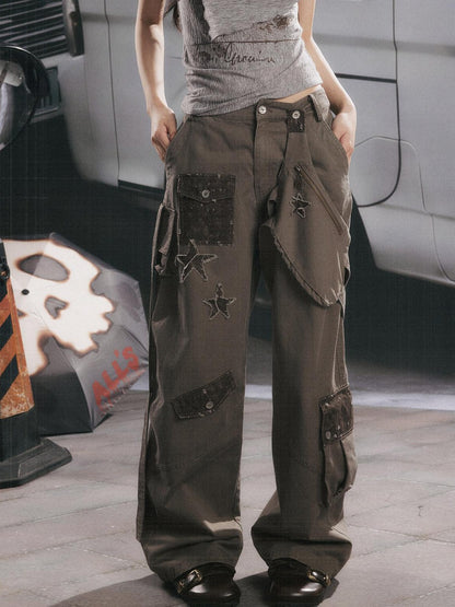 ALL iN plan Distressed Star Cargo High Waist Pocket Women&