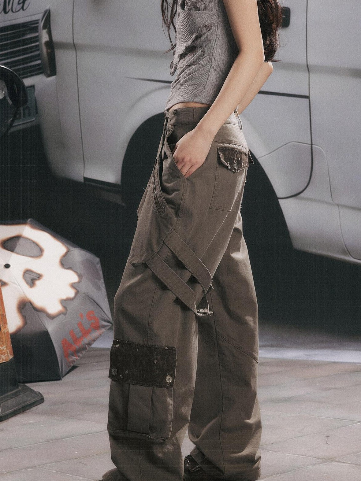 ALL iN plan Distressed Star Cargo High Waist Pocket Women&