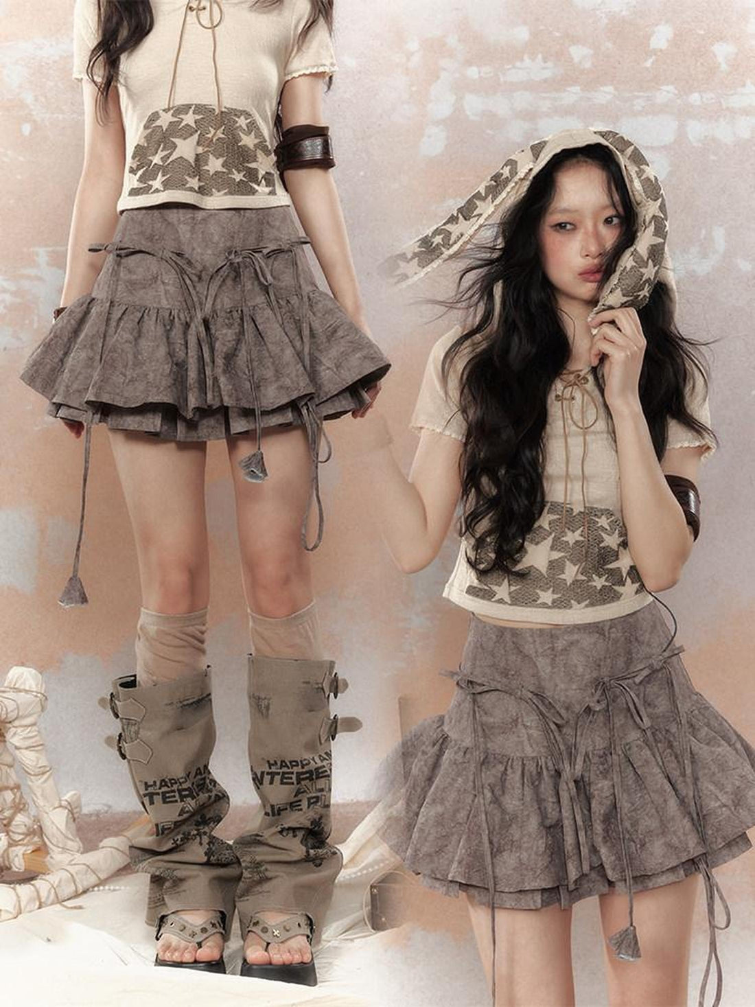 ALL iN plan Flattering Slim Aline Low Waist Tie Detail Casual Girls Polyester Tiered Skirts