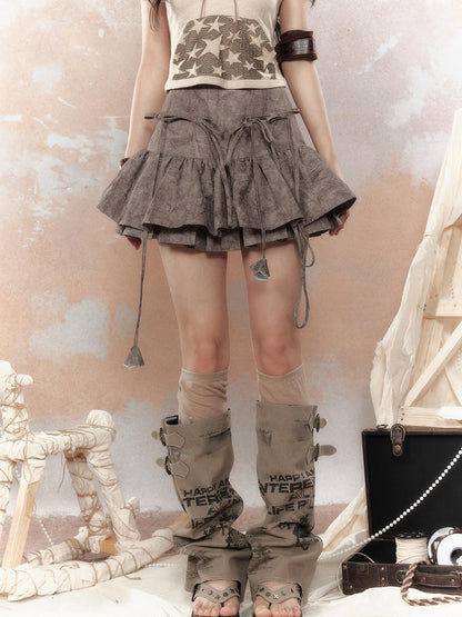 ALL iN plan Flattering Slim Aline Low Waist Tie Detail Casual Girls Polyester Tiered Skirts