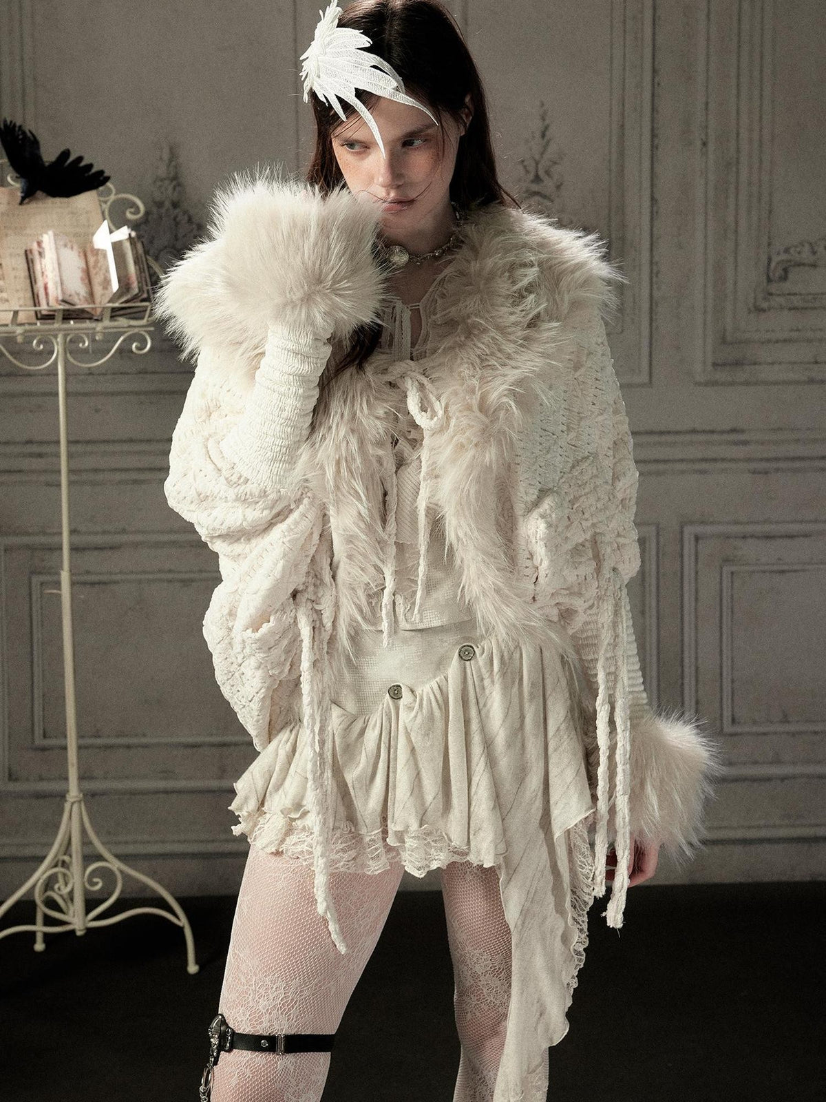 ALL iN plan Fur Trim Batwing Sleeve Knit Women&