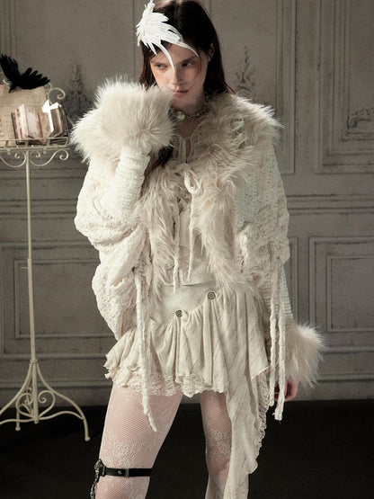 ALL iN plan Fur Trim Batwing Sleeve Knit Women&
