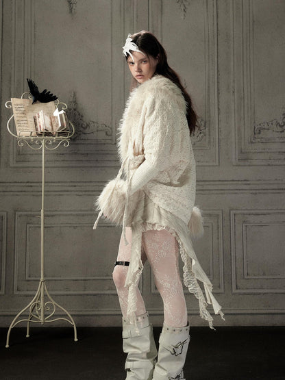 ALL iN plan Fur Trim Batwing Sleeve Knit Women&