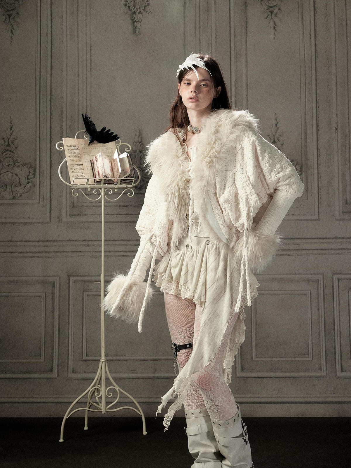ALL iN plan Fur Trim Batwing Sleeve Knit Women&