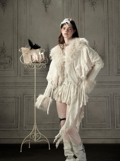 ALL iN plan Fur Trim Batwing Sleeve Knit Women&