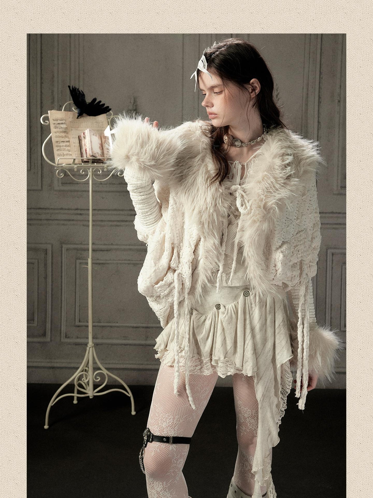 ALL iN plan Fur Trim Batwing Sleeve Knit Women&