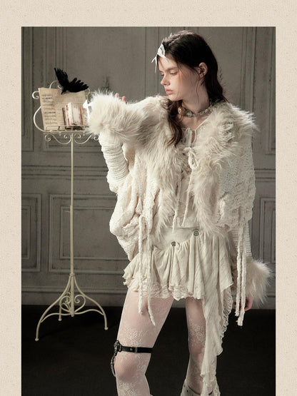 ALL iN plan Fur Trim Batwing Sleeve Knit Women&