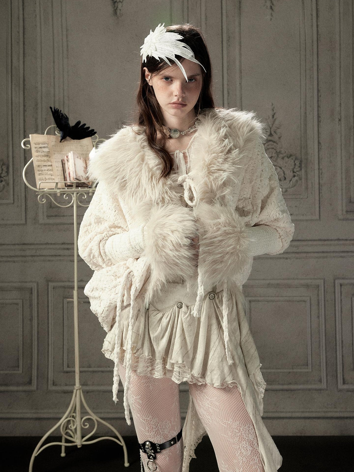 ALL iN plan Fur Trim Batwing Sleeve Knit Women&