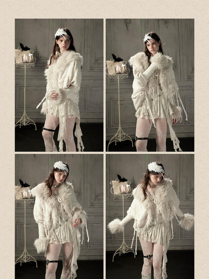 ALL iN plan Fur Trim Batwing Sleeve Knit Women&
