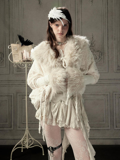 ALL iN plan Fur Trim Batwing Sleeve Knit Women&