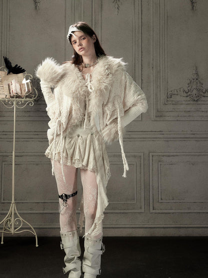 ALL iN plan Fur Trim Batwing Sleeve Knit Women&