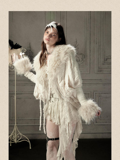 ALL iN plan Fur Trim Batwing Sleeve Knit Women&