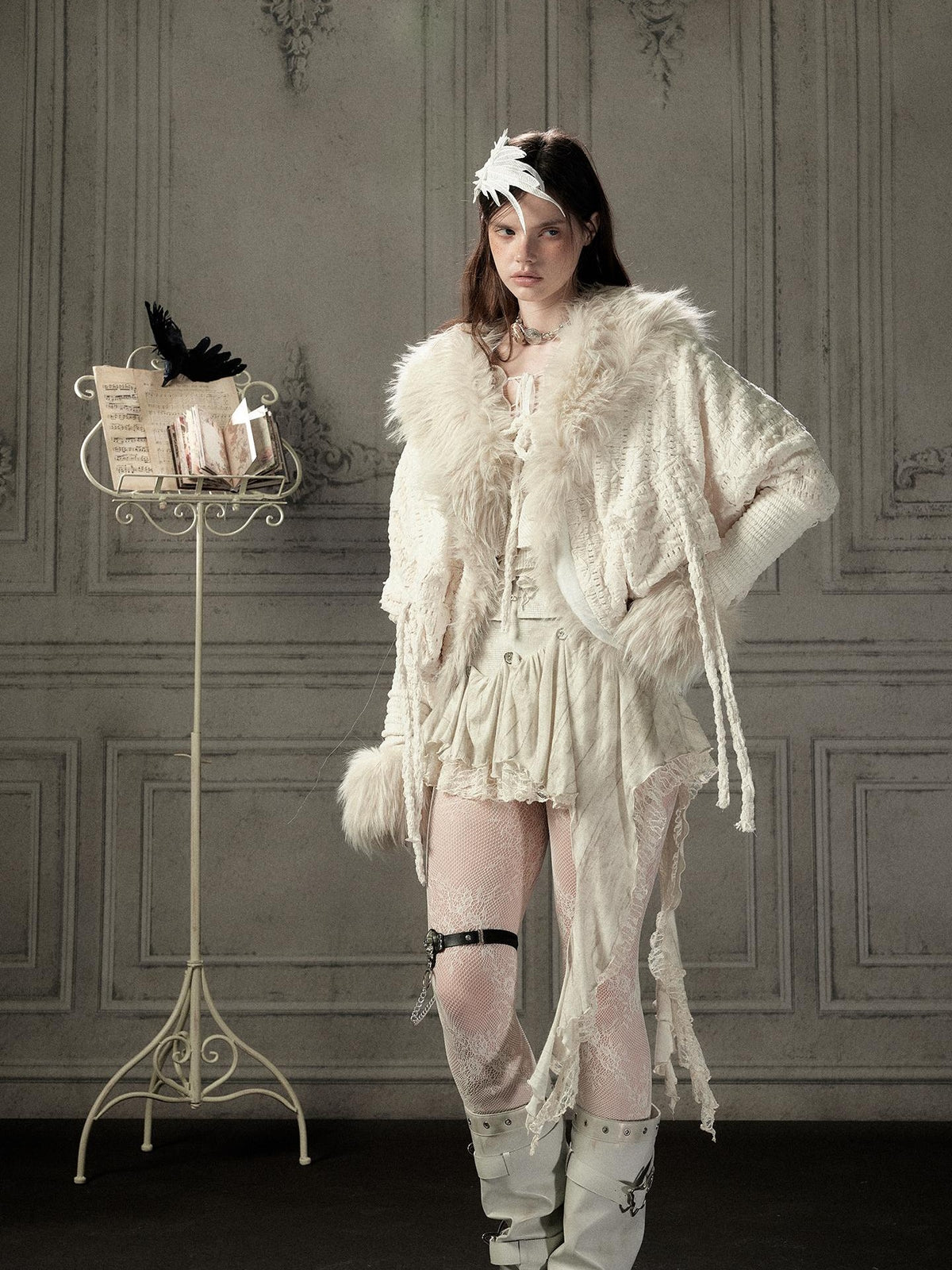 ALL iN plan Fur Trim Batwing Sleeve Knit Women&