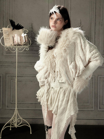 ALL iN plan Fur Trim Batwing Sleeve Knit Women&