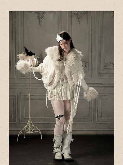 ALL iN plan Fur Trim Batwing Sleeve Knit Women&