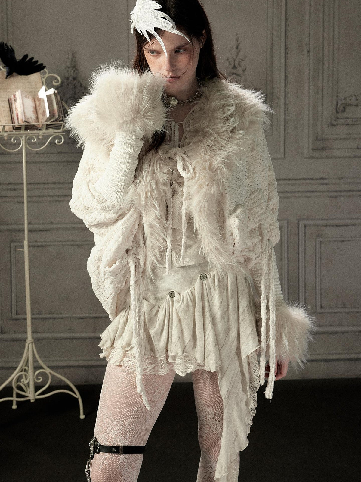 ALL iN plan Fur Trim Batwing Sleeve Knit Women&