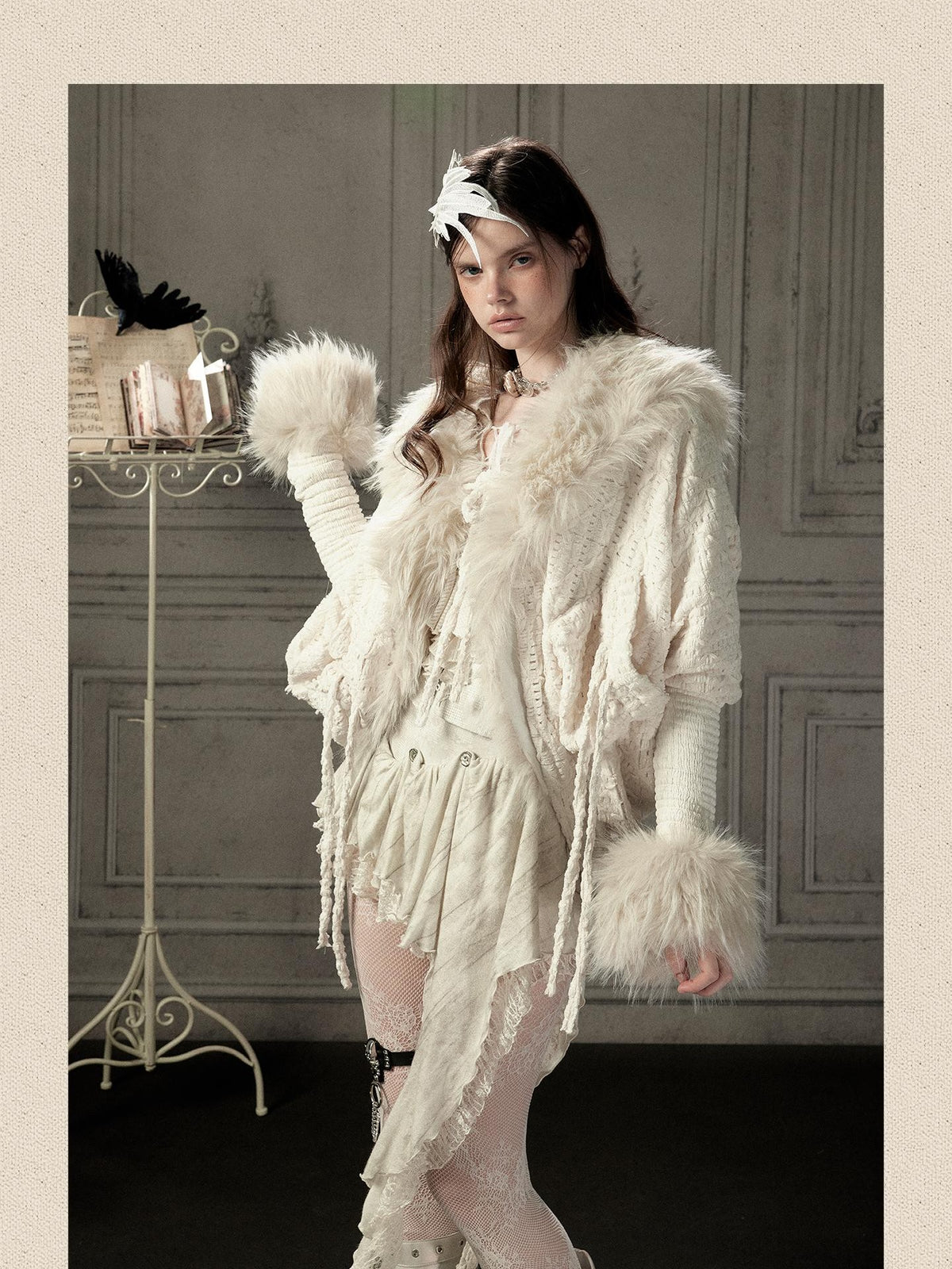 ALL iN plan Fur Trim Batwing Sleeve Knit Women&