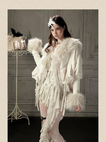 ALL iN plan Fur Trim Batwing Sleeve Knit Women&