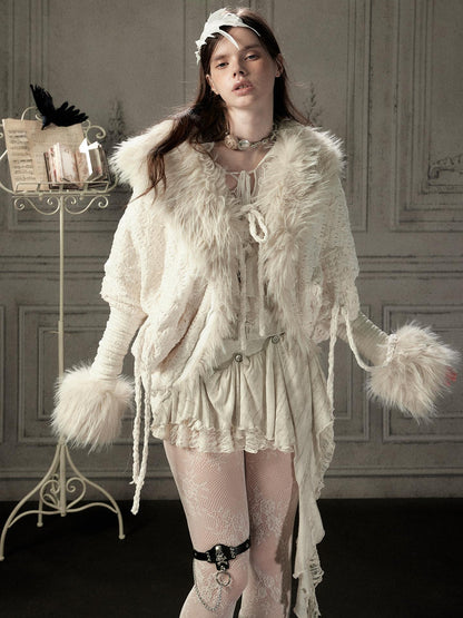 ALL iN plan Fur Trim Batwing Sleeve Knit Women&