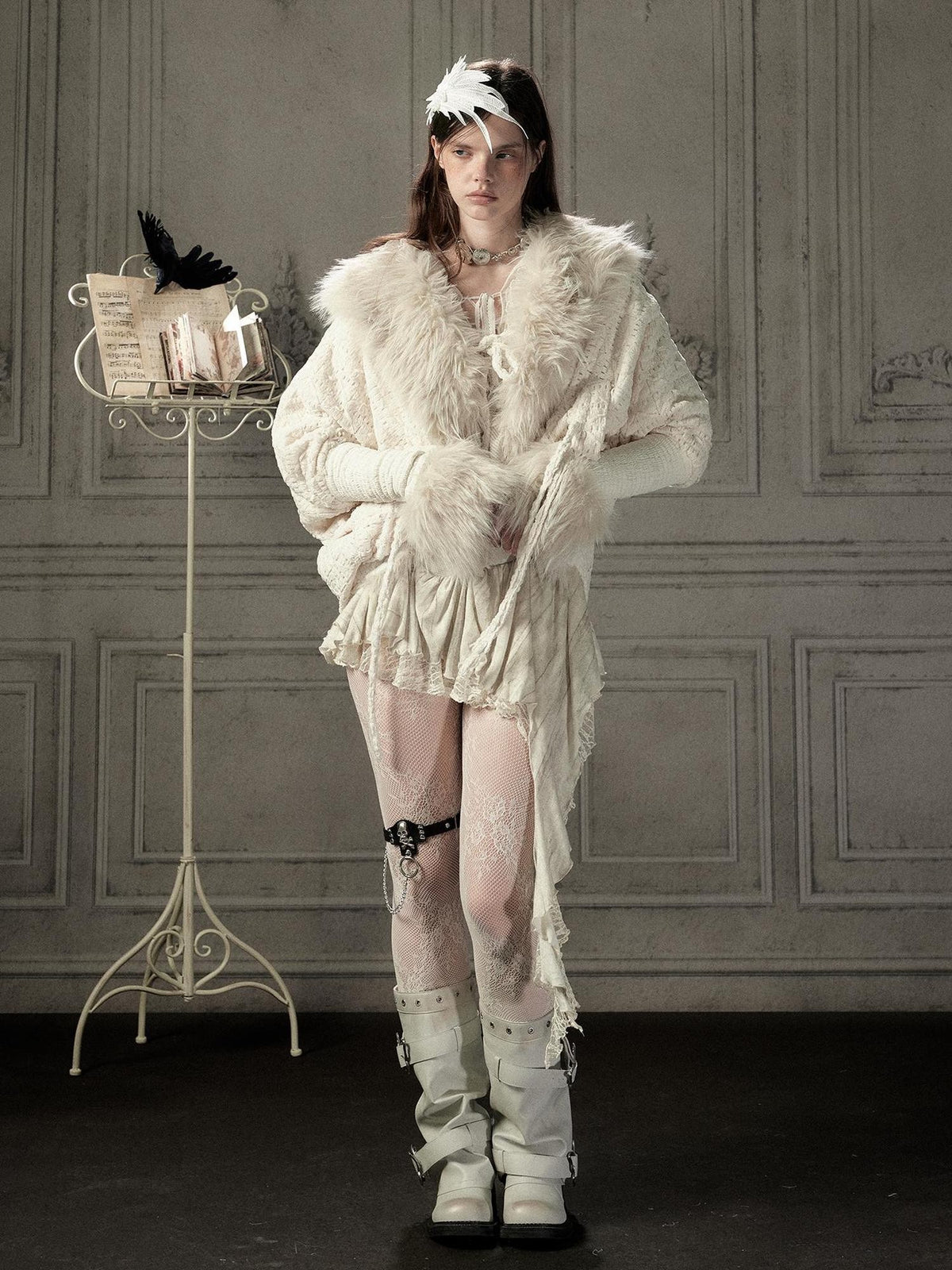ALL iN plan Fur Trim Batwing Sleeve Knit Women&