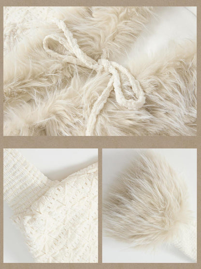 ALL iN plan Fur Trim Batwing Sleeve Knit Women&