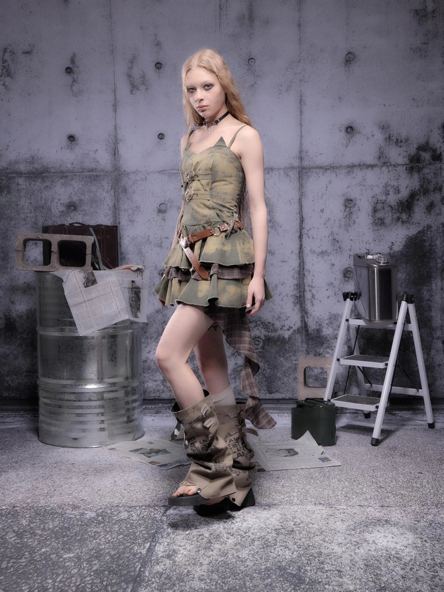 Gear-Bite Lace Trim Denim Mini Dress