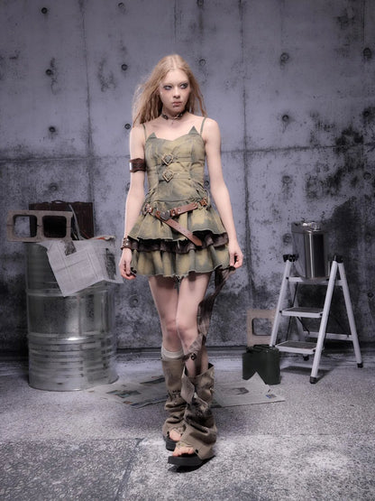 Gear-Bite Lace Trim Denim Mini Dress