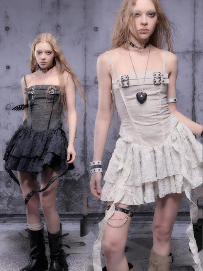 Gear-Bite Mesh Mini Dress V-Neck T-Shirt Long-Sleeve